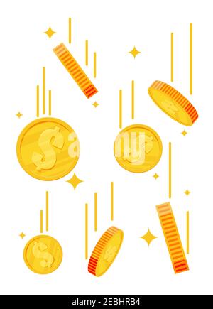 Fallende Goldmünzen. Geld Regen. Goldene Münzen mit Dollarzeichen. Wachstum, Einkommen, Ersparnisse, Investitionen. Symbol des Reichtums. Geschäftserfolg. Vektordarstellung im flachen Stil. Stock Vektor