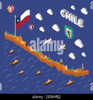 Chilenische Touristen Sehenswürdigkeiten Symbole isometrische Karte mit Nationalflagge Essen Und Orte von Interesse Poster Vektor Illustration Stock Vektor