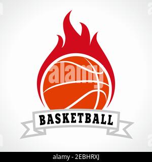 Flammender Basketballball. Feuriges Zeichen, Vektor-Logo von Teams, nationale Wettbewerbe, Union, Spiele, Ligen oder Sportausrüstungsshop. Kinderschulen, Stock Vektor