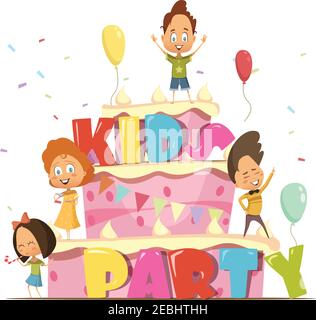 Kids Party flache Design-Vorlage für Kinder mit riesigen Kuchen Und Gruppe von Cartoon-Persönlichkeiten Retro-Vektor-Illustration Stock Vektor