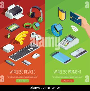 Moderne drahtlose Technologie Internet-Verbindung Sicherheit und elektronische Geräte 2 Vertikale isometrische Banner setzen isolierte Vektordarstellung Stock Vektor