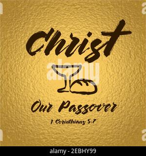 Passionsfreitag Christus ist unser Passahfest. Ostersonntag Er ist Karte auferstanden. Karwoche Einladung zum Service mit Pinsel Stil Typografie. Goldener Hintergrund Stock Vektor