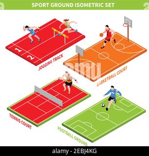 Isometrisches Konzept mit Joggingstrecke und farbenfrohen Plätzen und Anlagen Für verschiedene Sportspiele isoliert auf weißem Hintergrund Vektor Illustration Stock Vektor