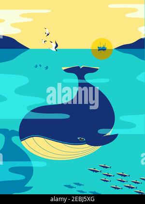 Blue Whale im Ozean minimalistisch flache Farbe Vektor-Poster Stock Vektor