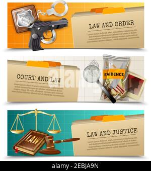 Straf- und Zivilrecht Ordnung Justiz 3 horizontale Lesezeichen Banner Set mit Balance und Gavel isolierte Vektor-Illustration Stock Vektor