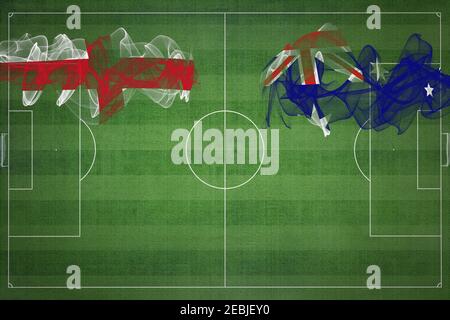 England gegen Australien Fußballspiel, Nationalfarben, Nationalflaggen, Fußballfeld, Fußballspiel, Wettbewerbskonzept, Kopierraum Stockfoto