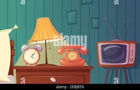 Retro Gadgets Cartoon Komposition mit Wecker Telefon tv-Lampe Nachttisch im Schlafzimmer Vektorgrafik Stock Vektor