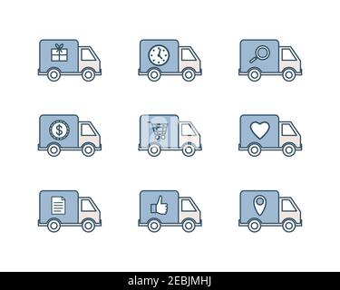 Vektorsatz der Symbole für die Gliederung der Lieferspur. Sammlung von LKW mit Geschenken, Uhr, Herz, Dokument, Münze, Standort und Warenkorb Schilder. Designelemente des Versandservices. Stock Vektor