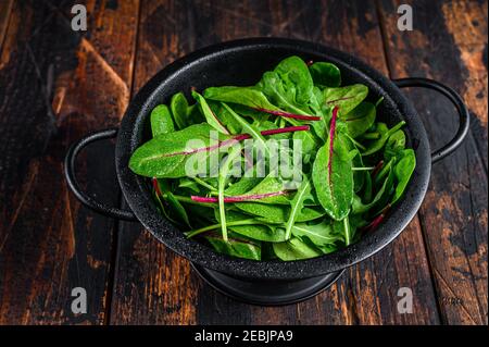 Frisches, rohes, gemischtes Gemüse, Spinat, mangold und Rucola. Dunkler Holzhintergrund. Draufsicht Stockfoto