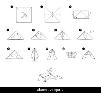 Tutorial wie man Origami Frosch machen. Schritt-für-Schritt-Anweisungen. Tier aus Papier Quadrat ohne Schere. Stock Vektor