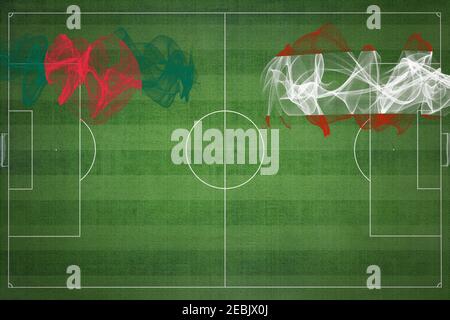 Bangladesch vs Österreich Fußballspiel, Nationalfarben, Nationalflaggen, Fußballplatz, Fußballspiel, Wettbewerbskonzept, Kopierraum Stockfoto