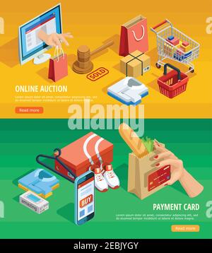 Sicheres Online-Shopping mit Smartphone und Kreditkarte 2 horizontal Isometrische E-Commerce-Banner isoliert Vektor-Illustration Stock Vektor