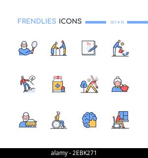 Senioren – Symbole im Liniendesign. Altenpflege Idee. Erholung, Rezept, Medizin, Fahren, Gartenarbeit, Sturzprävention, Gymnastik, d Stock Vektor