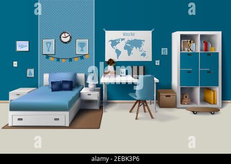 Teen junge Zimmer Innenarchitektur mit trendigen Arbeitsplatz für Hausaufgaben Schrank und Bett in blau realistische Vektor-Illustration. Stock Vektor
