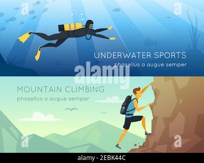 Extreme Sports 2 flache horizontale Banner Banner mit Unterwassertauchen Und Berge Klettern isoliert Vektor-Illustration Stock Vektor