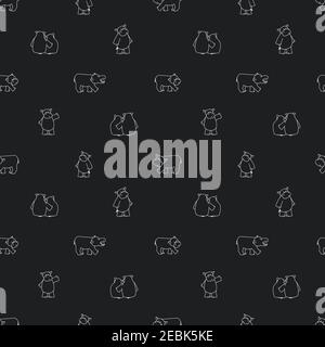 Outline Hippo nahtlose Wiederholung Muster, schwarz weiß Farben. Kreidetafel-Effekt. Flusspferde stehen, sitzen, weibliche Flusspferde umarmen, gehen, irgendwo hinschauen Stock Vektor