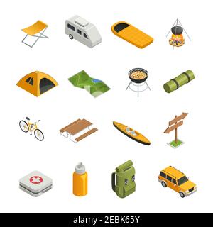 Farbige und isolierte Camping Wandern isometrische Icon-Set mit Werkzeugen Attribute und Elemente der Camp-Vektor-Illustration Stock Vektor