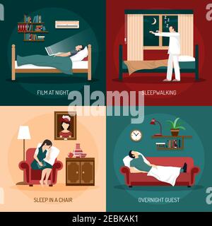 Sleeping Poses Design Konzept mit SleepWalking schlafen im Stuhl über Nacht Gast und Film bei Nacht 2x2 Kompositionen flache Vektor-Illustration Stock Vektor