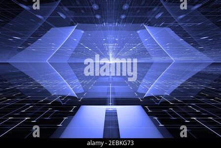 Abstrakte Perspektive futuristische Technologie Hintergrund. Zeitschleife, Cyberspace. 3D Abbildung Stockfoto