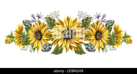 Sonnenblumen Bouquet mit wilden Blume und Artischocke isoliert. Stock Vektor