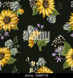 Nahtloses Muster mit Sonnenblumen, Artischocken und Wildblumen. Vektorgrafik. Stock Vektor