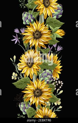 Border mit Sonnenblumen Bouquet,.Artischocke und Wildblume. Vektorgrafik. Stock Vektor