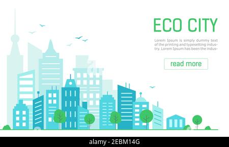 Landing Page ökologische grüne Stadt. Panorama grüne Stadt im flachen Stil. Stadtlandschaft. Vektorgrafik. Stock Vektor