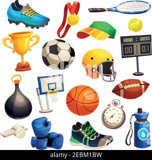 Sport Inventar dekorative Symbole Set mit Basketball Fußball Rugby Bälle Boxhandschuhe Tennisschläger isoliert flache Vektor-Illustration Stock Vektor