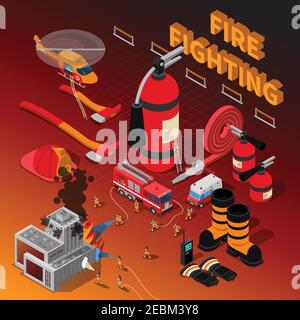 Feuerwehrmann isometrische Zusammensetzung mit Feuerwehrmann Rettungsbetrieb Feuerlöscher Stiefel LKW Schlauch Axt Helm Hubschrauber Handschuhe Vektor-Illustration Stock Vektor