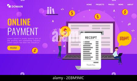 Landing Page. Menschen tätigen Online-Einkäufe und erhalten eine elektronische Quittung. Der Beleg wird aus dem Laptop gekrochen. Vektorgrafik im flachen Stil. Stock Vektor