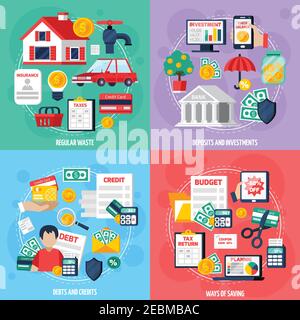 Persönliche Budget-Konzept-Symbole mit Einlagen und Investitionen Symbole gesetzt Flache, isolierte Vektorgrafik Stock Vektor