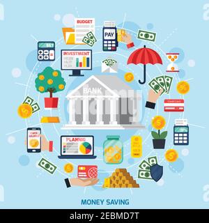 Sparkonzept mit Planungs- und Investitionssymbolen auf blau Hintergrund flache Vektorgrafik Stock Vektor
