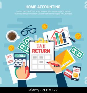 Home Buchhaltung Zusammensetzung mit Geld und Finanzen Symbole auf blau Hintergrund flache Vektorgrafik Stock Vektor