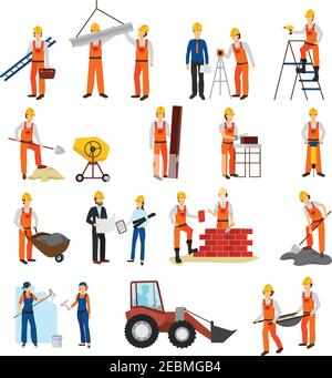 Flache Konstruktion Reparaturen Bau Prozess Bauherren und Ausrüstung isoliert Vektorgrafik auf weißem Hintergrund Stock Vektor