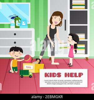 Lächelnde Kinder helfen ihre Mutter Reinigung Zimmer Cartoon Vektor Illustration Stock Vektor