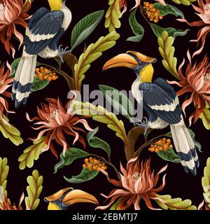 Nahtloses Muster mit Vögeln und tropischen Blättern und Blumen. Vektor. Stock Vektor