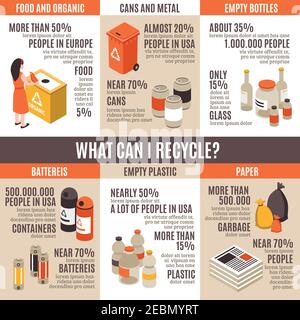 Müllrecycling Infografiken mit isometrischen Bildern von speziellen Behältern Glas Batterien Plastikmüll mit editierbarem Text Vektor Illustration Stock Vektor