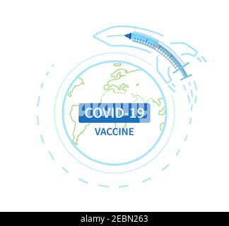 COVID-19 Impfstoffverteilung weltweit. Bereit, um die Welt zu versenden. Rakete trägt COVID-19 und Globus. Konzept der Bekämpfung von Coronavirus. Vektor Stock Vektor