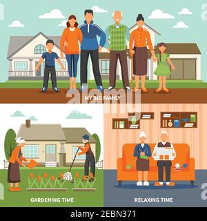 Old People Design-Konzept mit Familie gesichtslose Charaktere Kompositionen gesetzt Indoor entspannende und Outdoor-Gartenarbeit Aktivitäten Vektor-Illustration Stock Vektor