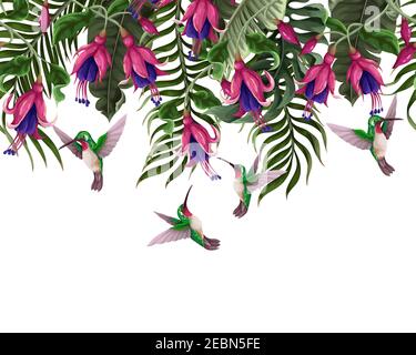 Grenze mit Kolibris und tropischen Blumen. Trendiger Vektordruck. Stock Vektor