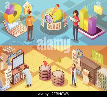 Datenanalyse isometrische Banner mit Personal Computer Ausrüstung globale Informationen suchen Sie nach Diagrammen und Statistiken isolierte Vektordarstellung Stock Vektor