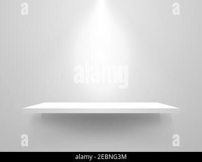 Modell mit weißem Regal. Realistisches Bücherregal mit Spotlight. Leere Regalvorlage auf weißem Hintergrund. Reinigen Sie die Lagerregale. Heim Inneneinrichtung Objekt. Vektor Stock Vektor