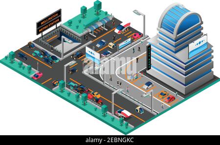 Futuristische Stadtlandschaft isometrische Komposition mit Bauwagen der neuen Generation Vektor-Illustration für Straßen- und U-Bahnstationen Stock Vektor