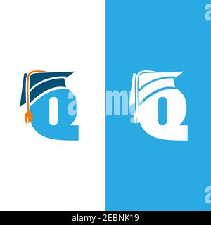 Anfangsbuchstabe Q mit Graduierung Hut isoliert weiß und blau Hintergrund. Einzigartiger Buchstabe Q im flachen Stil. Vektorgrafik EPS,8 EPS,10 Stock Vektor