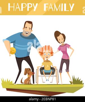 Glückliche Familie mit behinderten Kind im Rollstuhl und Hund während Walk Cartoon und Retro-Stile Vektor Illustration Stock Vektor
