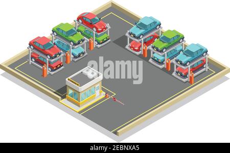 Automatisches Parken isometrisches Konzept mit bunten Autos Positionierung in zwei Vektorgrafik Linien und Stufen Stock Vektor
