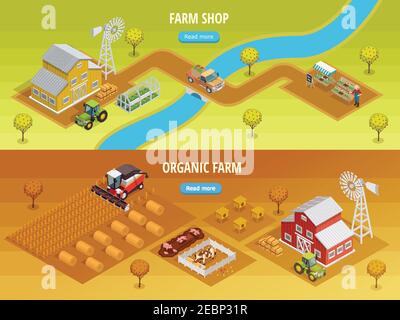 Farm isometrische horizontale Banner mit Scheune landwirtschaftliche Fahrzeuge Tiere Bienenstöcke Ernte Landwirt und Lebensmittelgeschäft Vektor Illustration Stock Vektor