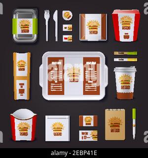 Fastfood Corporate Identity mit einer Reihe von Verpackungen und Tablett Besuch Karten Notizblock und Stift isoliert Vektor Illustration Stock Vektor