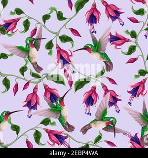 Nahtloses Muster mit Kolibris und tropischen Blumen. Trendiger Vektordruck. Stock Vektor