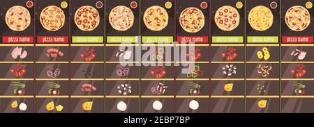 Menü Vorlage im Cartoon-Stil mit gebackenen Pizza Zutaten und Saucen auf braunem Hintergrund isolierte Vektorgrafik Stock Vektor